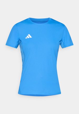 Camisola atlética azul de manga curta feita de tecido suave, com decote redondo e logótipo branco de três riscas no peito esquerdo.