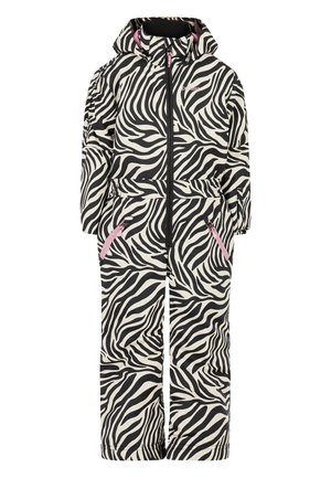 Zebra-gepatteerde sneeuwpak met een zwart-wit ontwerp, voorzien van een capuchon, rits aan de voorkant en roze ritsaccenten op de zijzakken. Waterdichte stof.