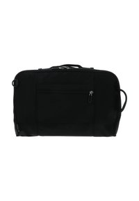 Sacoche d'ordinateur portable en tissu noir avec fermeture éclair, poche avant plate, poignées latérales et bandoulière amovible ; forme rectangulaire.