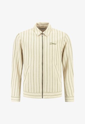 Beeži triibuline lukuga jope roheliste aktsentidega. Omab kahte esikotti ja kraed, valmistatud tekstuursete kangastega, et saavutada lõdva välimuse.