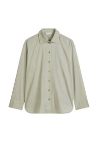Light green long-sleeve shirt in a textured fabric with a pointed collar, button front, and rounded hem. Features subtle, tonal buttons.