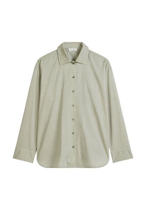 Lichtgroen langemouwen shirt van een gestructureerde stof met een puntkraag, knopenfront en ronde zoom. Voorzien van subtiele, tonale knopen.