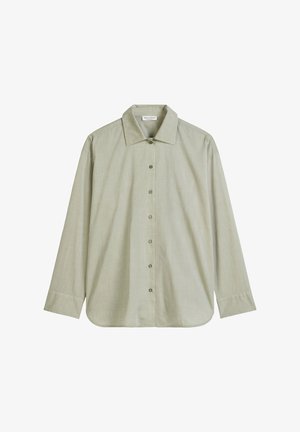 Light green long-sleeve shirt in a textured fabric with a pointed collar, button front, and rounded hem. Features subtle, tonal buttons.