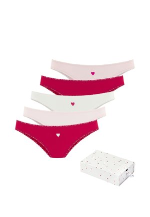 Five women's bikini-style panties in pink, red, and white with small heart designs, shown next to a white box with red hearts.