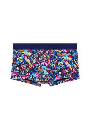 Caleçons courts ornés d'un motif abstrait multicolore sur fond bleu marine, avec une ceinture élastique unie bleu marine gravée du logo "HOM."