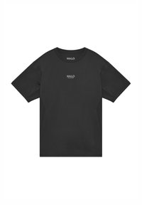 Svart kortärmad T-shirt med rund hals, prydd med en liten "HALO"-logotyp på framsidan och en slät textur. Enkelt, minimalistiskt design.