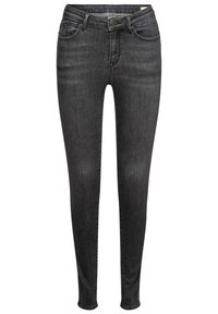 Pantalones vaqueros negros ajustados en denim elástico, con un diseño clásico de cinco bolsillos, cierre frontal de botón y sutiles detalles de desvanecido.