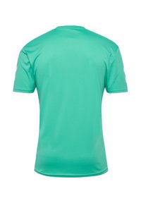 Maglietta sportiva verde menta a maniche corte, con scollo rotondo, texture liscia e dettagli bianchi sulle maniche.