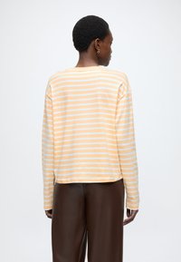 Bluza cu mâneci lungi, portocaliu deschis cu dungi albastre, fabricată din material moale. Are croială lejeră și decolteu rotund. Este purtată cu pantaloni maro.