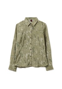 Camicia verde oliva con bottoni, con un motivo sottile, maniche lunghe, colletto e una finitura strutturata. Presenta bottoni marroni lungo la parte frontale.