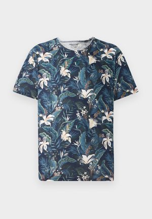 T-shirt a maniche corte di colore blu navy con un motivo floreale e di foglie tropicali in verde e bianco, realizzato in un morbido tessuto e con scollo a girocollo.