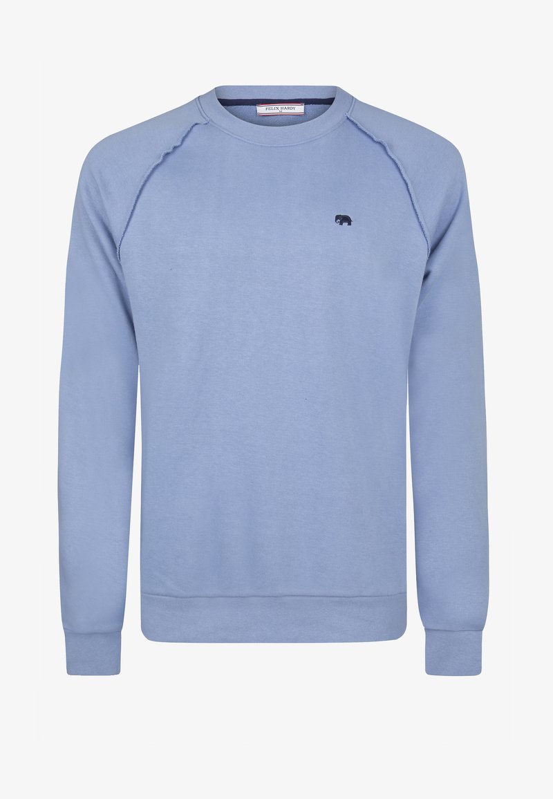 Sudadera de color azul claro con mangas largas, puños acanalados y escote acanalado. Presenta un pequeño logo oscuro de un elefante en el pecho. Textura suave.