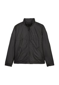 Svart zip-jacka med hög krage, två framfickor och en lätt vadderad design. Slätt, lättviktigt tyg med matt finish.