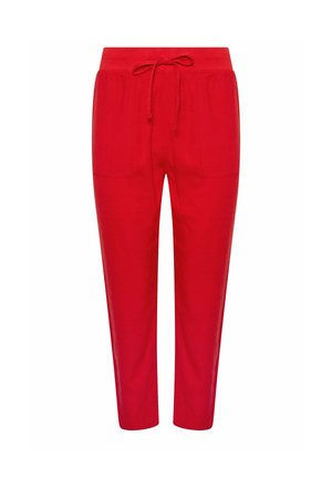 Rote Freizeithose mit elastischem Bund, Fronttaschen und einer gebundenen Kordel, vor einem schlichten weißen Hintergrund dargestellt.