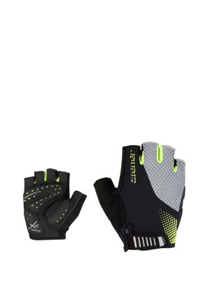 Pair of black and gray fingerless cycling gloves with yellow accents, padded palms, and breathable mesh fabric.
