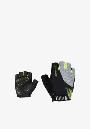 Pair of black and gray fingerless cycling gloves with yellow accents, padded palms, and breathable mesh fabric.