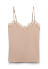 Effen ribben camisole met verstelbare spaghetti-bandjes en een gegolfde kantafwerking langs de halslijn. Zachte textuur, slanke pasvorm.