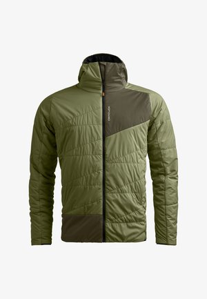 Olivgrüne isolierte Jacke mit Kapuze, diagonalen dunkelgrünen Akzenten, gestepptem Design und einem Frontreißverschluss.