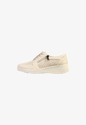 Beige casual damesschoen met veters aan de voorkant, zijrits, geperforeerde details en een licht verhogende zool.