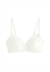 Witte kant bralette met gelaste randen, verstelbare bandjes en bloemenpatroon, met zachte cups en zonder beugel voor comfort.