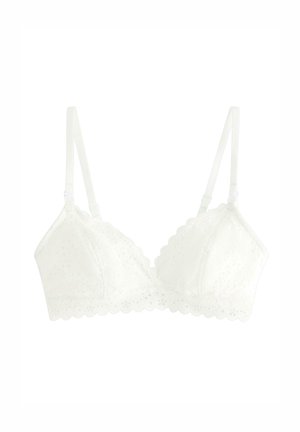 Hvid blondebralette med bølgede kanter, justerbare stropper og blomsterdesign, med bløde skåle og uden bøjle for komfort.