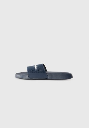 Chinelle navale avec une sangle texturée, semelle en caoutchouc légère et petit logo sur le dessus. Matériau lisse et perforé.