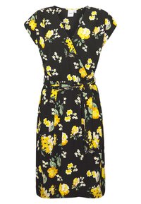 Černé zavinovací šaty s žlutými květinovými vzory a zelenými listy. Mají krátké rukávy, pás s opaskem a výstřih do V.