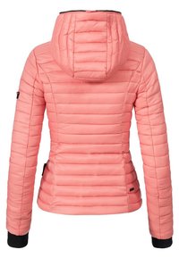 Pink puffer jacket with horizontal quilting, a fitted silhouette, a attached hood, and black ribbed cuffs. Features a small logo on the sleeve.