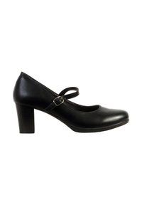 Chaussure Mary Jane en cuir noir avec bout arrondi, talon bloc de hauteur moyenne et bride réglable avec boucle métallique sur fond blanc.