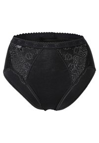 Mutande nere a vita alta realizzate in morbido tessuto con rifiniture in pizzo e accenti floreali sui lati. Vita e aperture delle gambe con bordo ondulato.