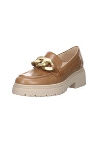 Tan leather loafer with chunky beige sole, featuring a prominent gold chain accent on the vamp. Smooth texture and classic design.