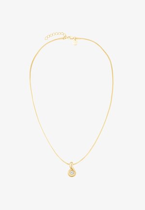 Collier chaîne en or avec un pendentif en forme de goutte tenant une pierre précieuse ronde et transparente au centre.