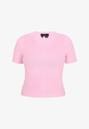 Top roz cu mânecă scurtă, cu model în dungi și decolteu rotund, având detalii subtile de tricotaj pe mijloc. Fabricat dintr-un material tricotat elastic.