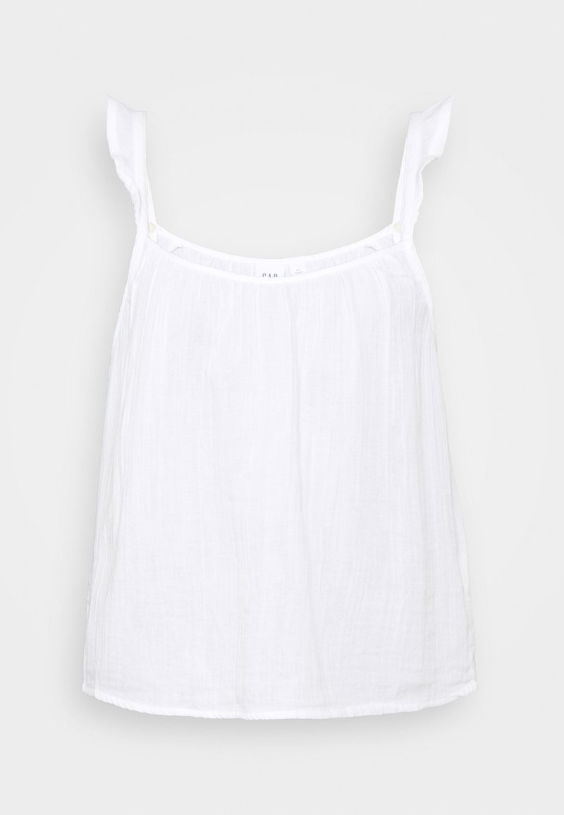 Camisole en coton blanc avec fines bretelles, tissu léger, coupe décontractée et texture subtile. Conçue avec un col arrondi et un ourlet droit.