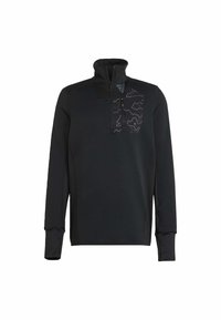 Pull noir pour homme à manches longues, fermeture à glissière quart, avec des trous pour les pouces et un motif abstrait texturé sur la poitrine près de la fermeture éclair.