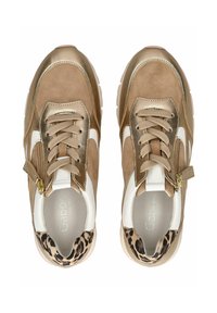 Beige und goldener Sneaker aus Wildleder mit metallischen Akzenten, weißen Details und einem Leopardenmuster an der Ferse. Enthält Schnürsenkel und einen seitlichen Reißverschluss.