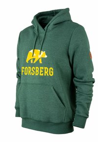 Grüne Kapuzenjacke aus Baumwollmischung, mit einem gelben geometrischen Bären-Graphic und dem Text "FORSBERG". Mit einer Fronttasche und Kordelzügen.