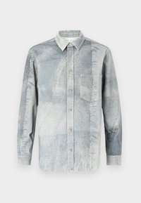 Košela na gombíky v svetlomodarnej farbe s textúrovaným vzorom, s golierom, dlhými rukávmi a jednou náprsné kapsou.