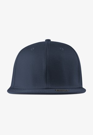 Marineblaue Flat-Brim-Cap aus strukturiertem Stoff, mit glatter Oberfläche, sechsteiligem Design und Belüftungsösen.