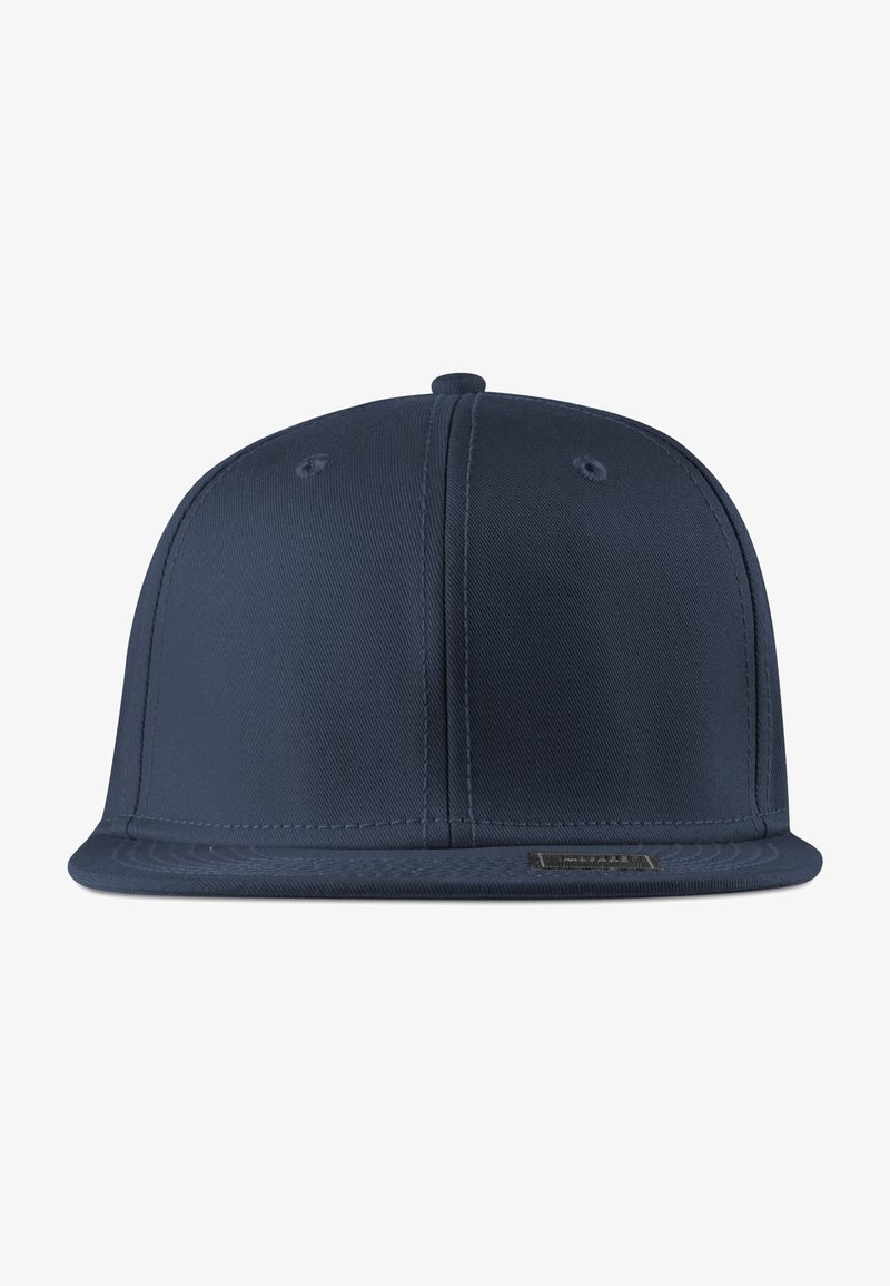 Navy blue flat-brimmed cap made of textured fabric, featuring a smooth finish, six-panel structure, and ventilation eyelets.