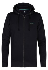 Sudadera con cremallera negra hecha de tela suave, que cuenta con capucha con cordón, bolsillos laterales y texto impreso en el área del pecho izquierdo.