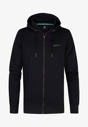 Zwarte zip-up hoodie van zachte stof, met een capuchon met trekkoord, zijzakken en bedrukte tekst op de linkerborst.