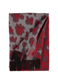 Schal in Rot und Grau mit einem Leopardenmuster, weich in der Textur, und schwarzen Fransen entlang der Kanten, mit einem Logotag.