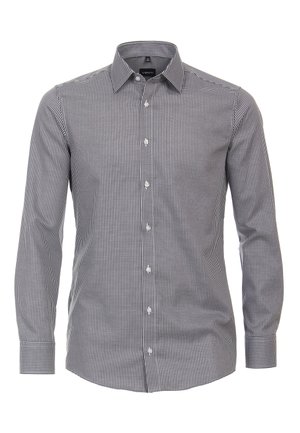 Schwarz-weißer kariertes Hemd mit langen Ärmeln, Button-Down-Kragen und Frontknöpfen; aus einem glatten Stoff gefertigt.