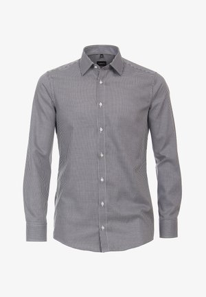 Schwarz-weißer kariertes Hemd mit langen Ärmeln, Button-Down-Kragen und Frontknöpfen; aus einem glatten Stoff gefertigt.