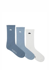 Trzy pary skarpetek ribbowych w odcieniach niebieskiego i białego. Każda skarpetka ma małe logo w kontrastowych kolorach. Miękka tkanina o klasycznym designie.