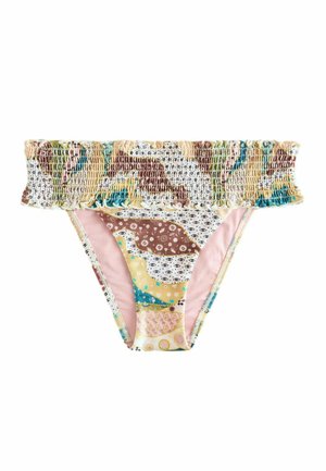 Bikini bottom with high, ruched waistband featuring multicolor abstract and eye patterns in brown, blue, yellow, and pink tones.
