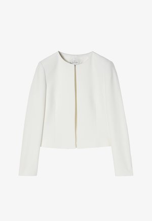 Biała krótka kurtka z długimi rękawami, wysokim kołnierzem i zamkiem błyskawicznym z przodu. Wykonana z gładkiego materiału o czystej, dopasowanej sylwetce.