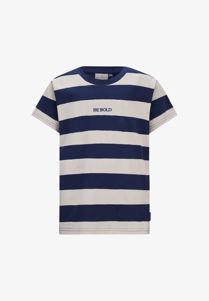 T-shirt a righe in cotone navy e crema, maniche corte, con testo "BE BOLD" in navy, scollatura rotonda e orlo dritto.
