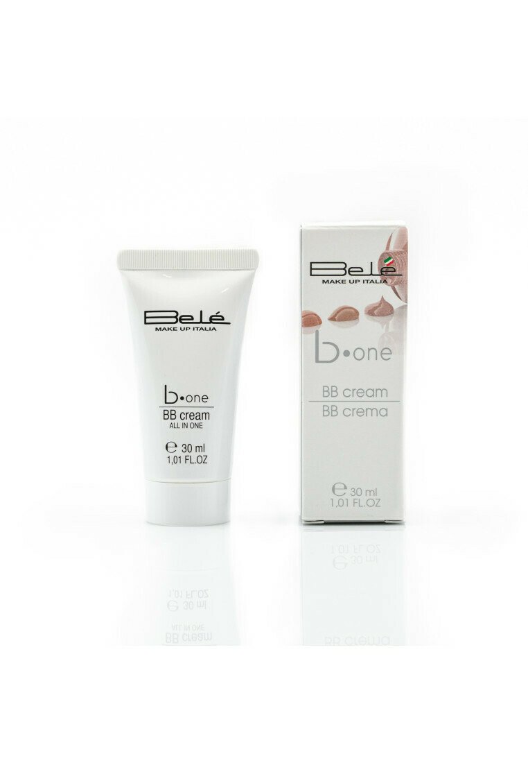 Crema BB in un tubo bianco a pressione con un tappo rigato, accompagnata da una scatola di cartone coordinata. Testo in nero con accenti colorati sulla confezione.